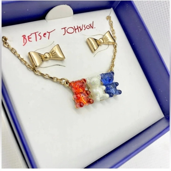 BETSEY JOHNSON Patriotic Red White & Blue Gummy Bear Necklace & Earrings NEW NWT - Picture 2 of 6